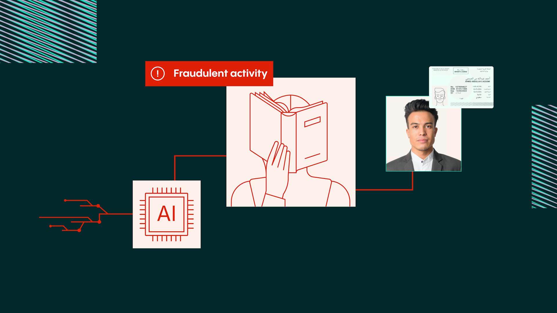 The image depicts a concept of fraudulent activity detection using AI technology.