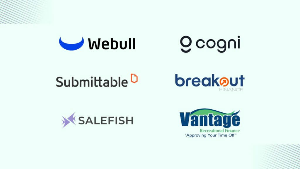 Case study logos for Webull, Submittable, Cogni, Salefish, Breakout Capital, Vantage."