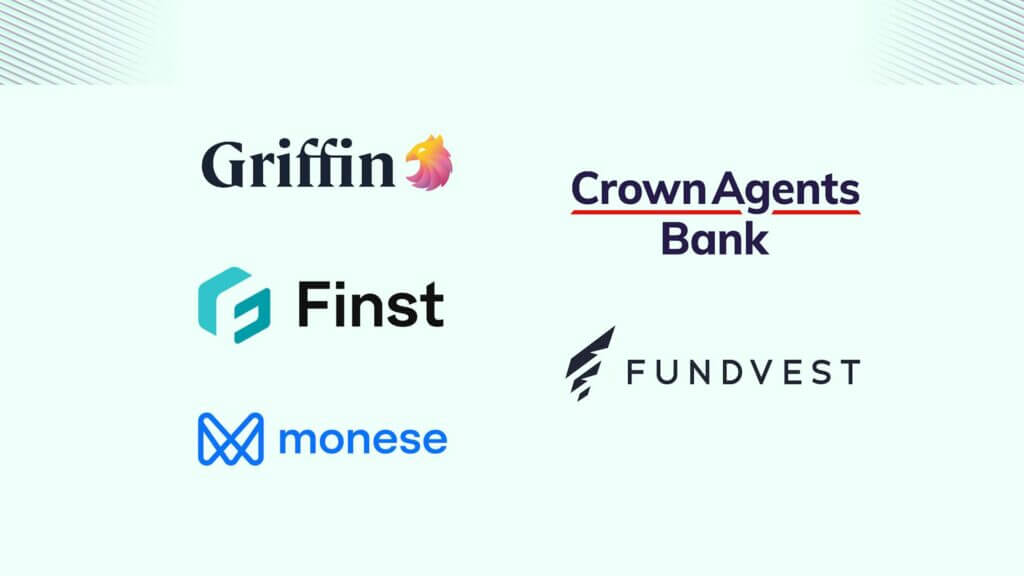 Logos of five UK financial leaders: Griffin, Crown Agents Bank, Finst, Fundvest, and Monese, representing innovative companies focused on enhancing customer experience and security through digital identity verification.