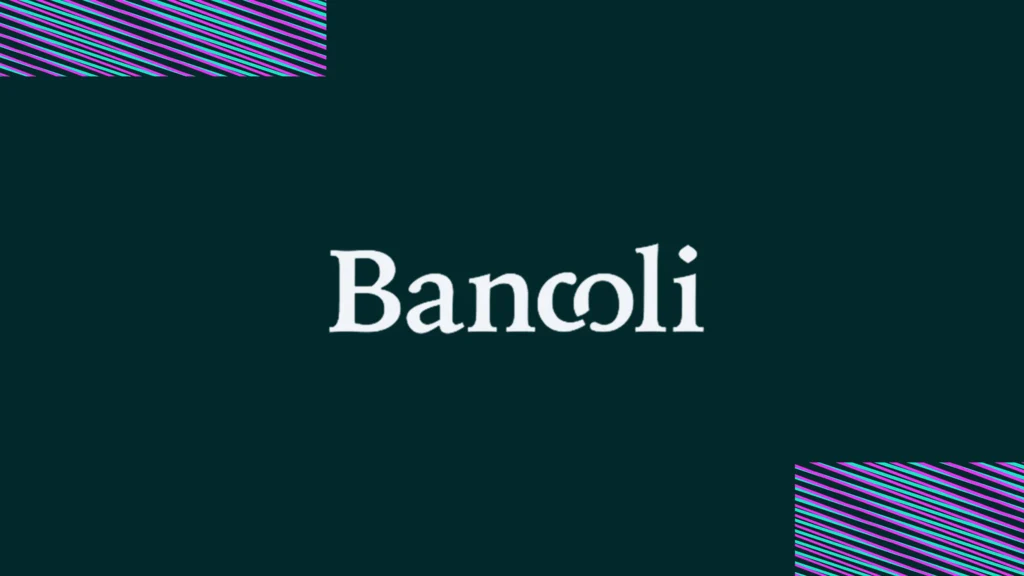 Bancoli white logo over dark background