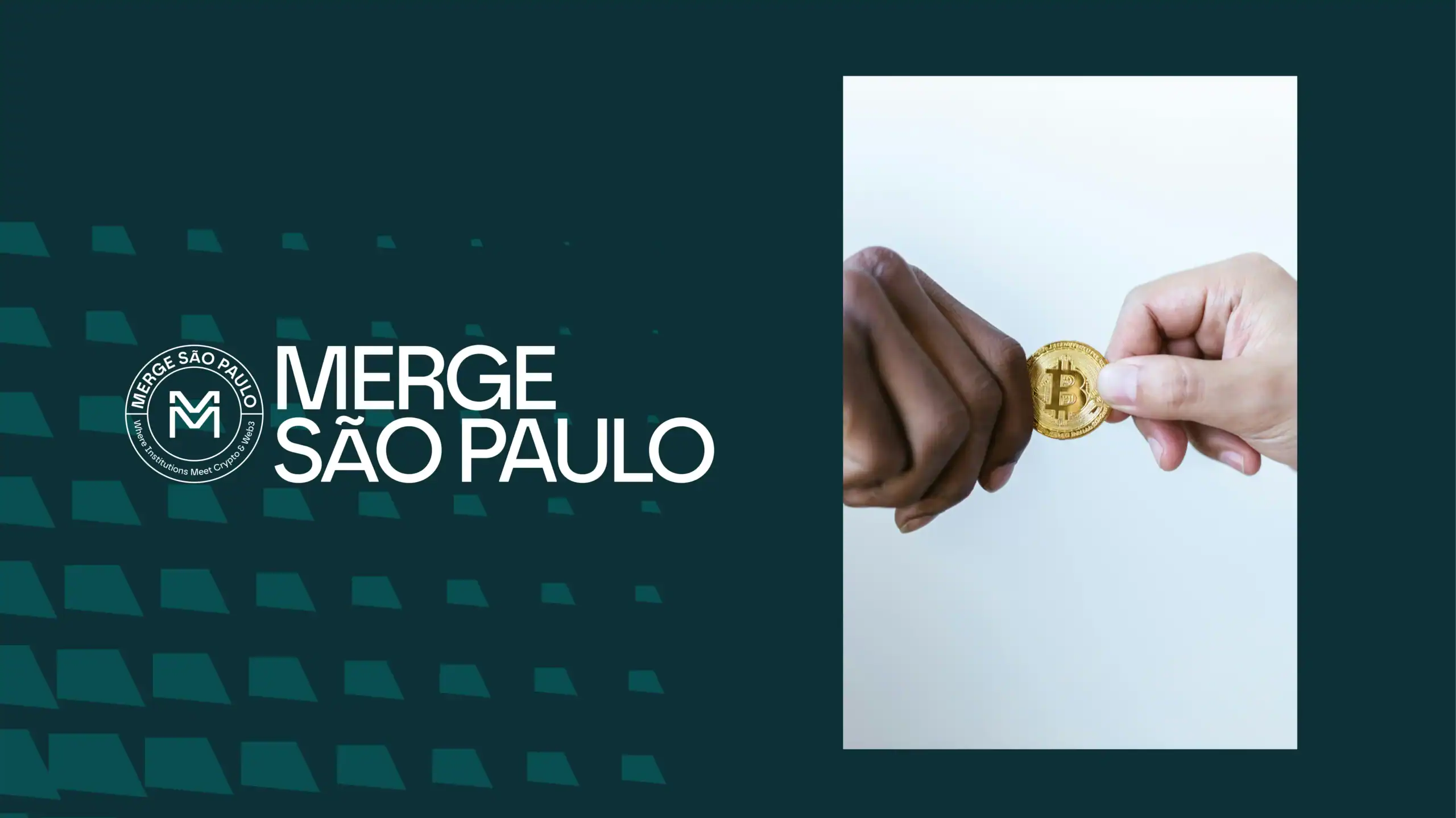 Hands exchanging a Bitcoin token