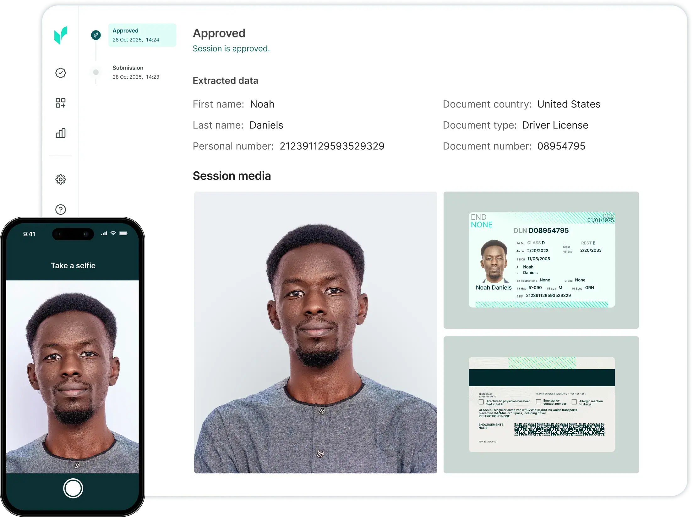 Identity verification dashboard showing an approved session for Noah Daniels, with a selfie photo, US driver license front and back, and extracted data fields.