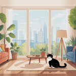 chat d'appartement dans un intérieur chaleureux avec arbres à chat