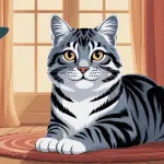 chat européen tigré gris assis dans un salon chaleureux