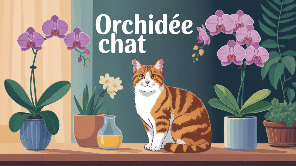 Cohabitation sereine orchidées chat illustration