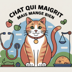Chat qui maigrit mais mange bien avec symboles santé vétérinaire