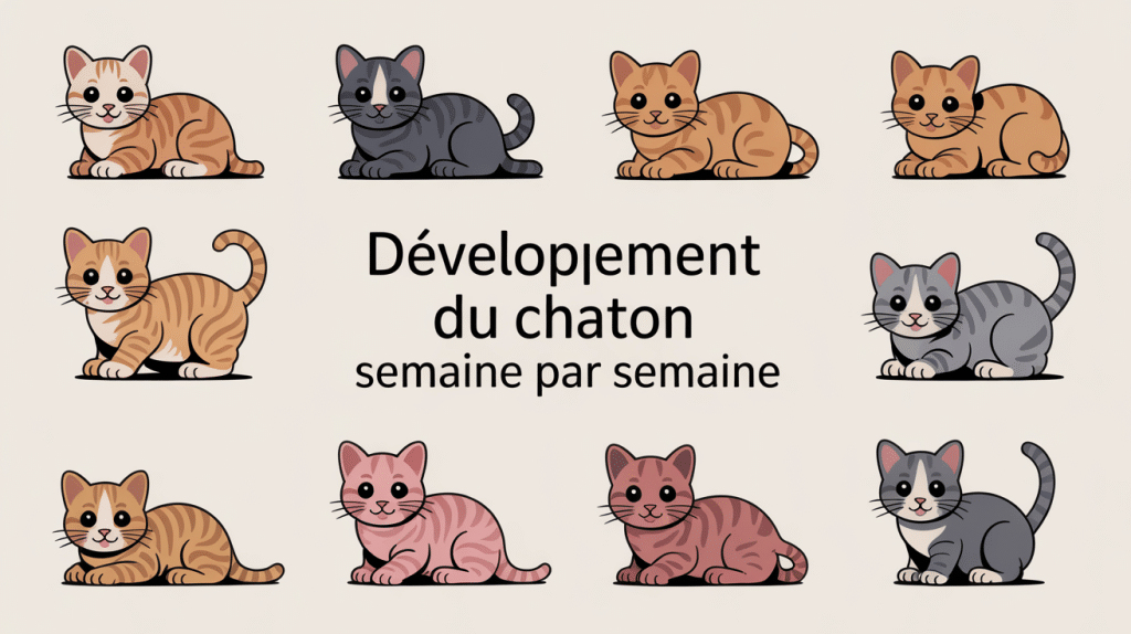 Illustration développement chaton semaine par semaine, évolution naissance à trois mois