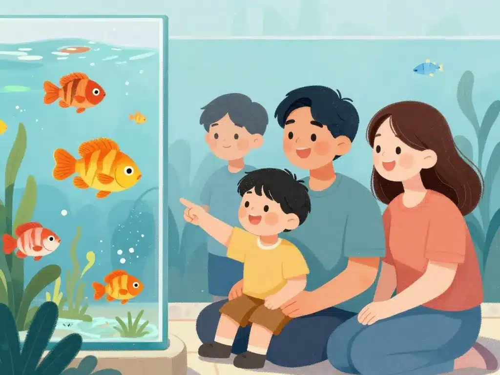 Famille choisit nom pour un poisson devant aquarium