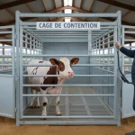Cage de contention pour bovin avec éleveur et bovin calme
