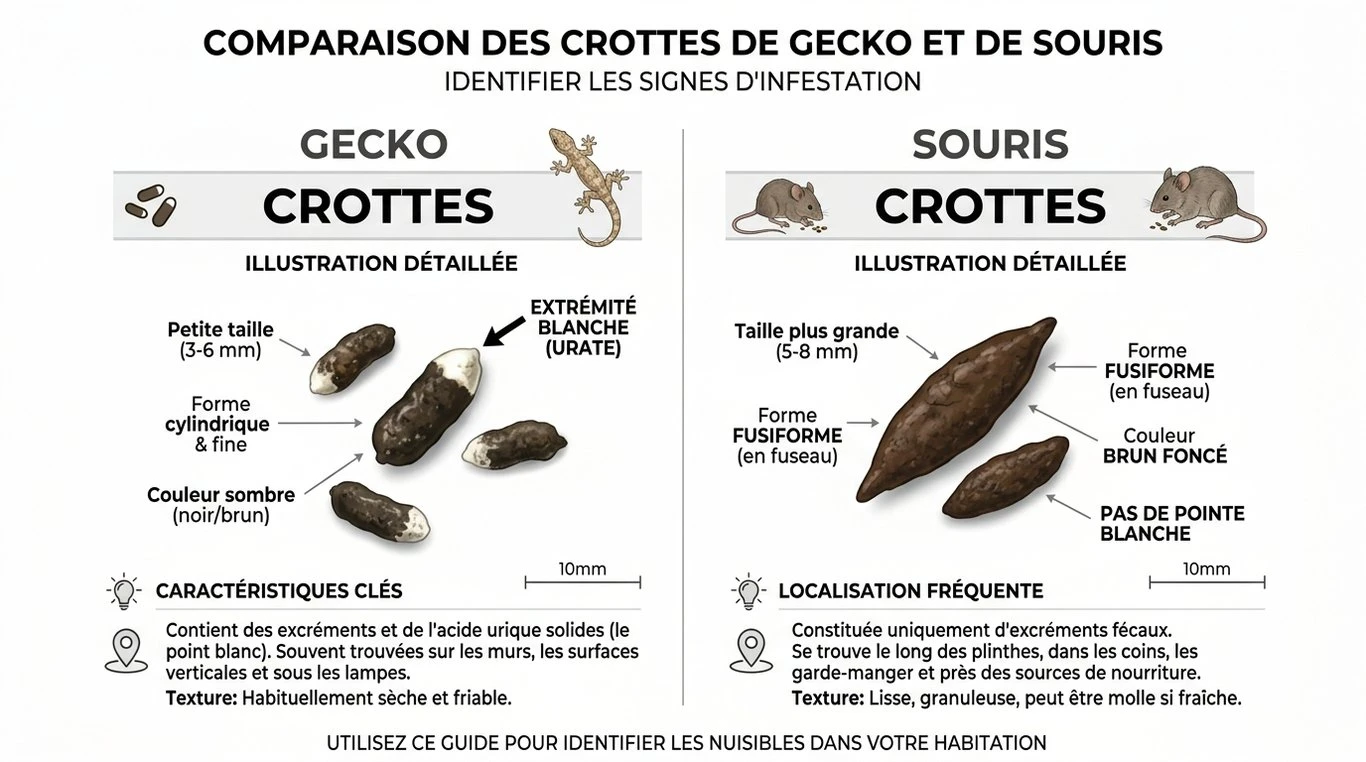 Infographie comparative : crotte de gecko avec point blanc vs crotte de souris