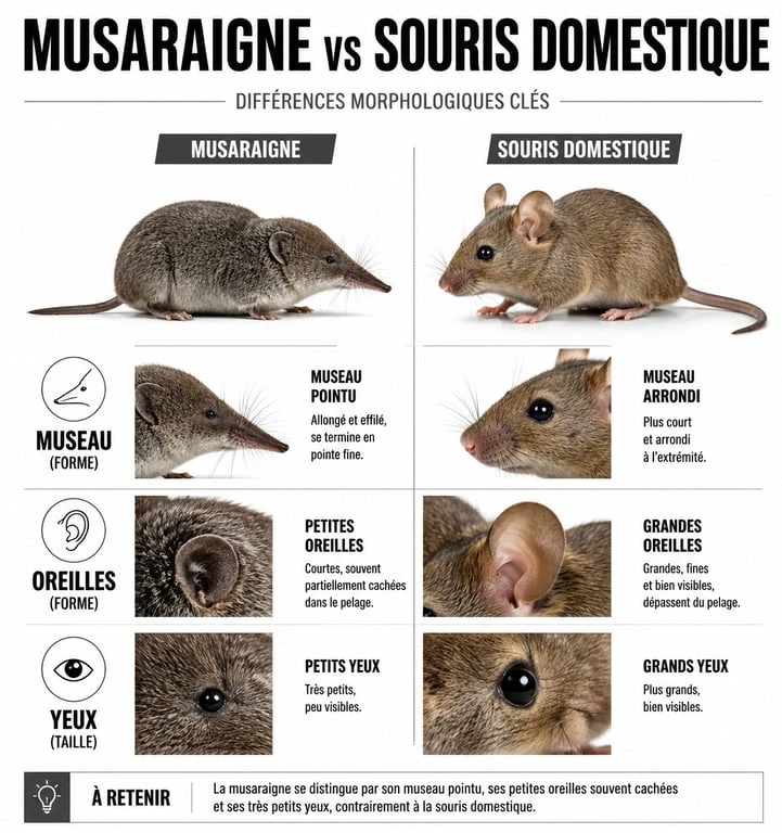 Infographie comparative : musaraigne vs souris domestique pour identifier une musaraigne dans la maison