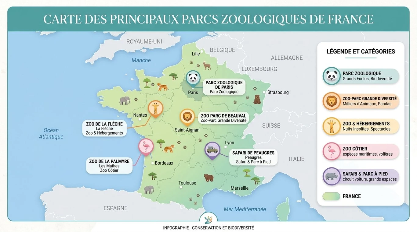 Carte des principaux parcs animaliers et zoos en France