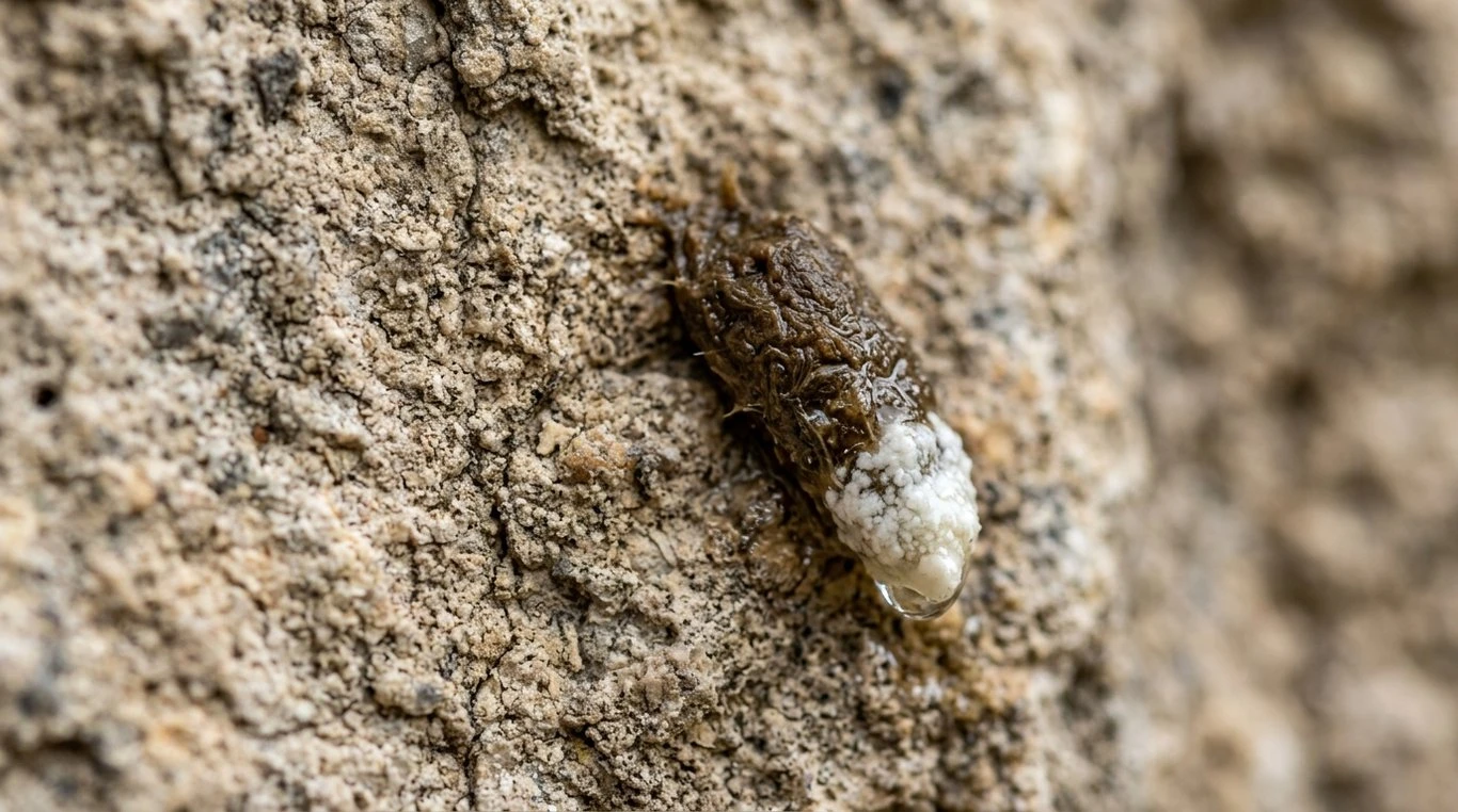 Crotte de tarente avec sa pointe blanche caractéristique sur un mur