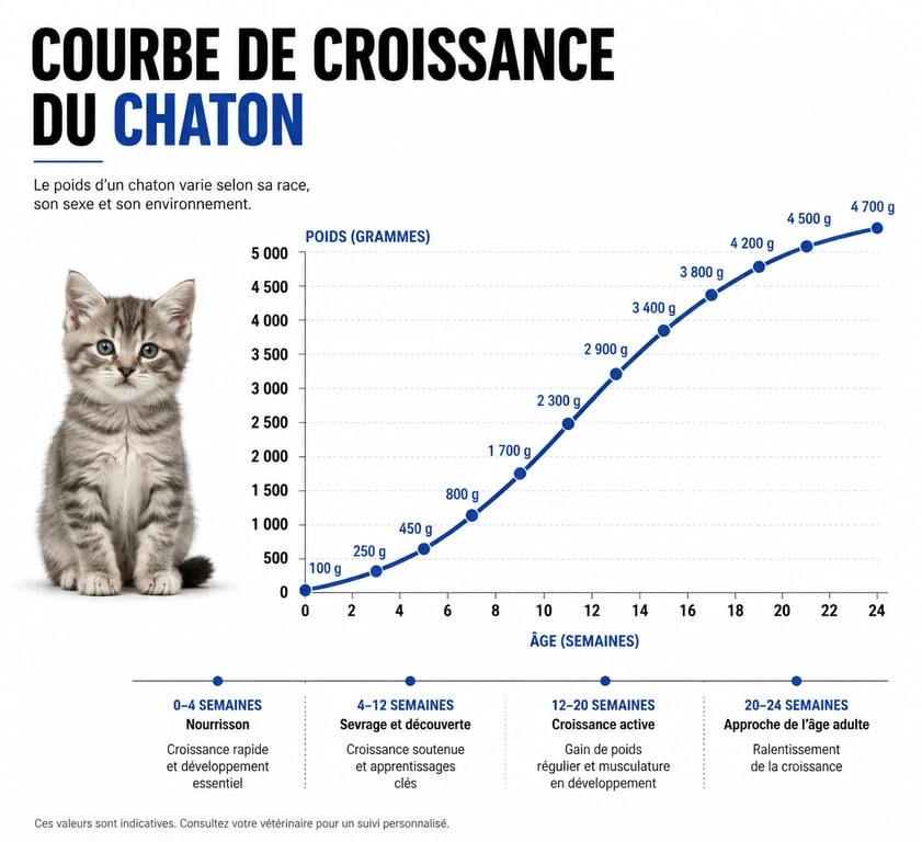 Courbe de croissance et poids d'un chaton selon son âge