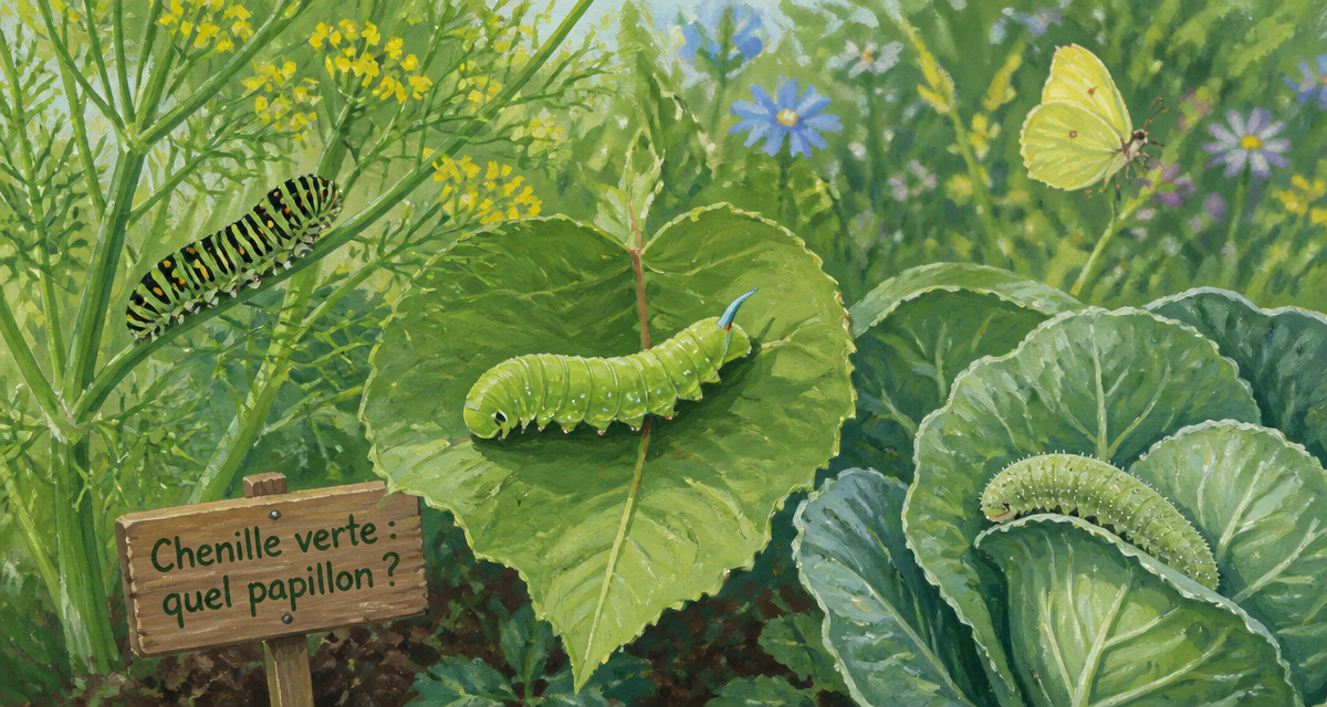Chenille verte quel papillon sur feuilles au jardin