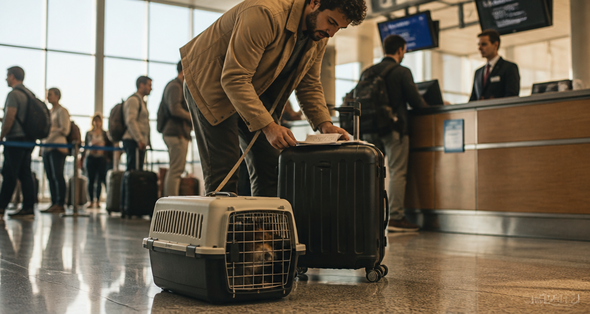 Chien par avion en cage IATA à l'aéroport