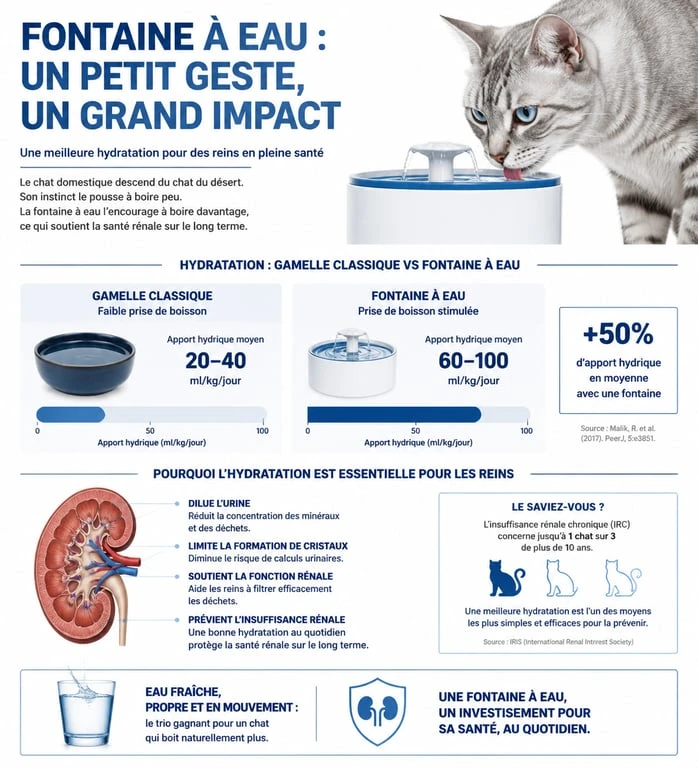 Infographie sur les bienfaits de la fontaine à eau pour la santé rénale et l'hydratation du chat