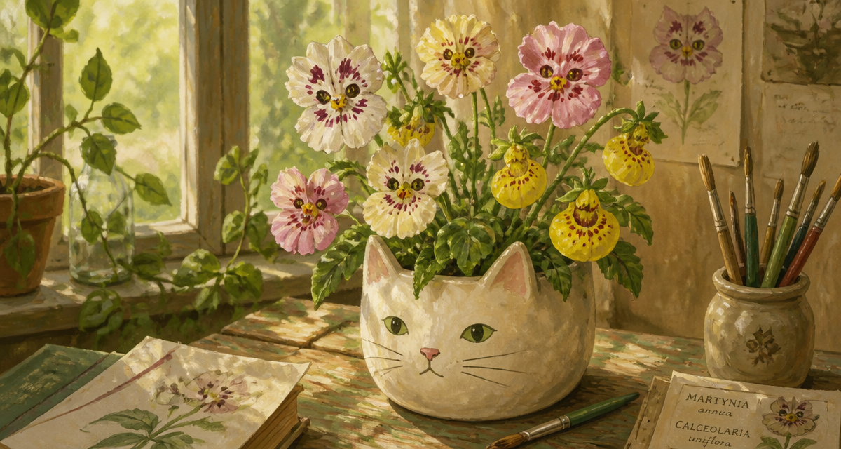 fleur en forme de chat sur table en pot blanc