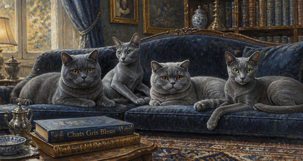 Quatre chats gris bleus de races différentes sur canapé