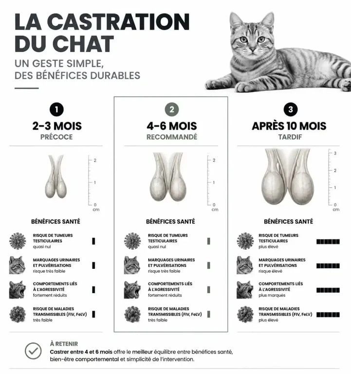 Infographie comparative sur l'âge idéal pour castrer un chat et les bénéfices de l'intervention