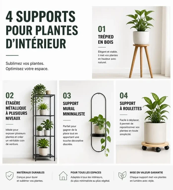 Comparatif visuel des différents types de supports pour plante d'intérieur : trépied bois, étagère métal, support mural et support à roulettes.