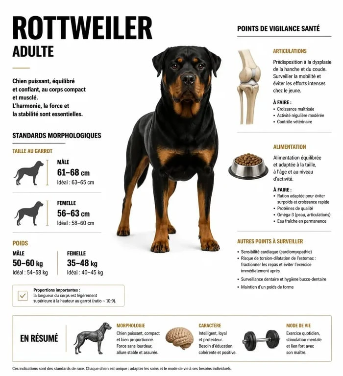 Infographie récapitulative des caractéristiques et besoins de santé d'un rottweiler adulte