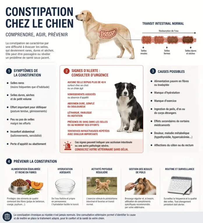 Infographie sur les symptômes et les gestes à adopter en cas de chien constipé