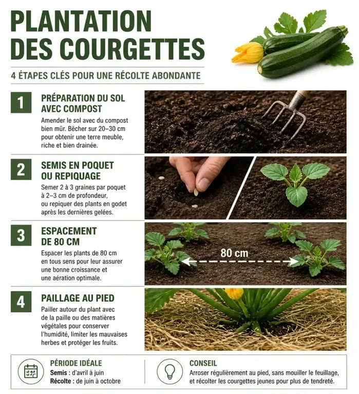 Infographie des étapes de plantation des courgettes au potager