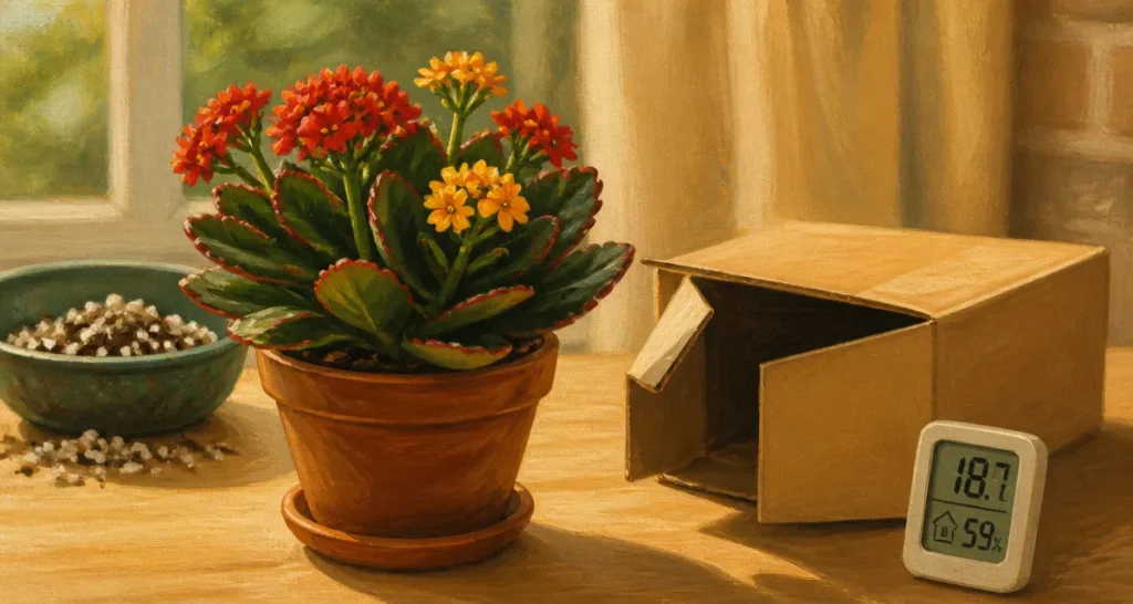 kalanchoe flaming katy en fleurs rouges et jaunes, bourgeons en pot