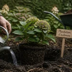 Quand planter des hortensias : mains qui plantent un hortensia, terre et arrosage