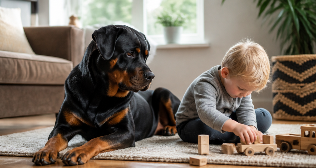 rottweiler adulte surveille un enfant dans un salon