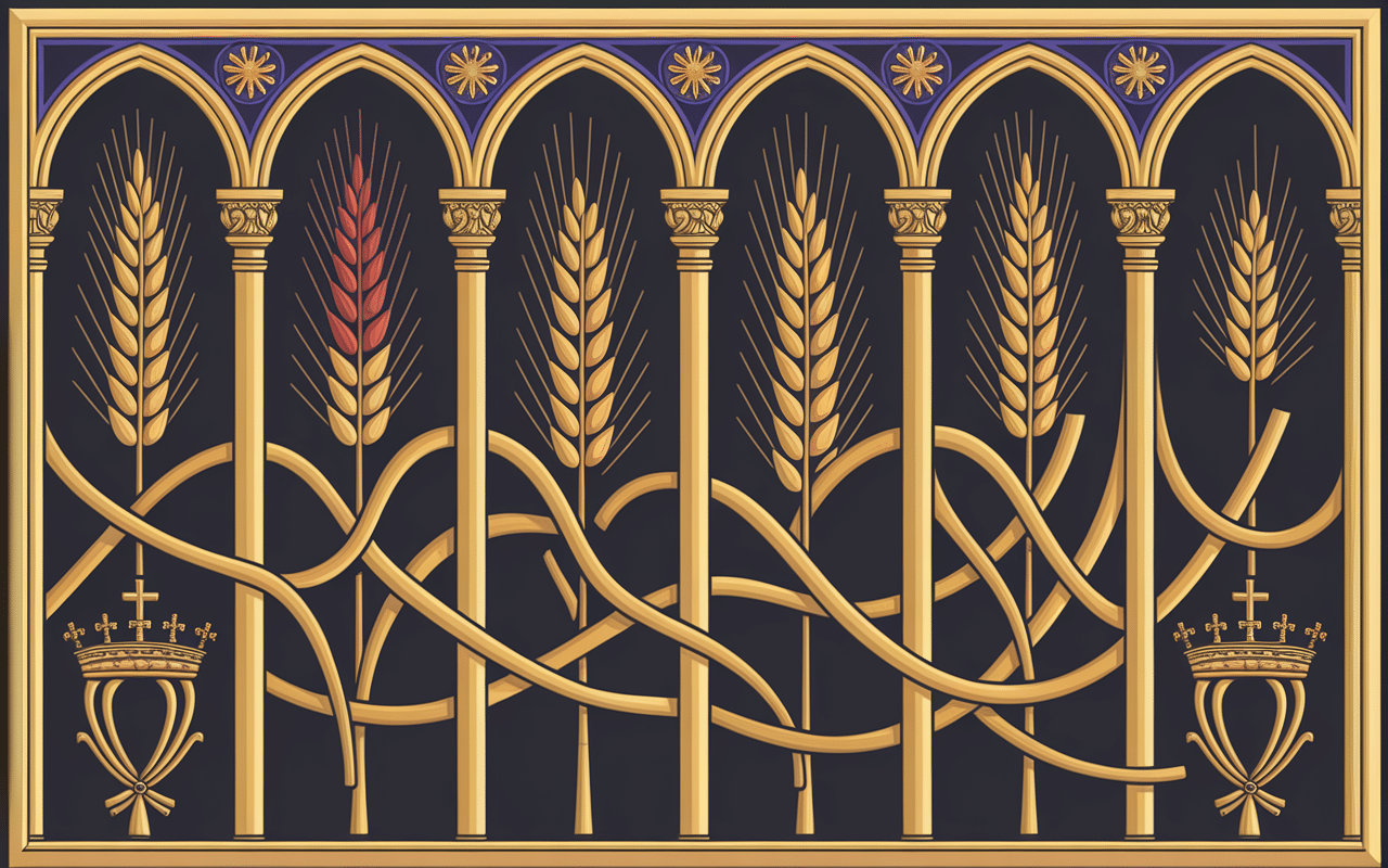 7 épis de blé entrelacés avec motifs religieux
