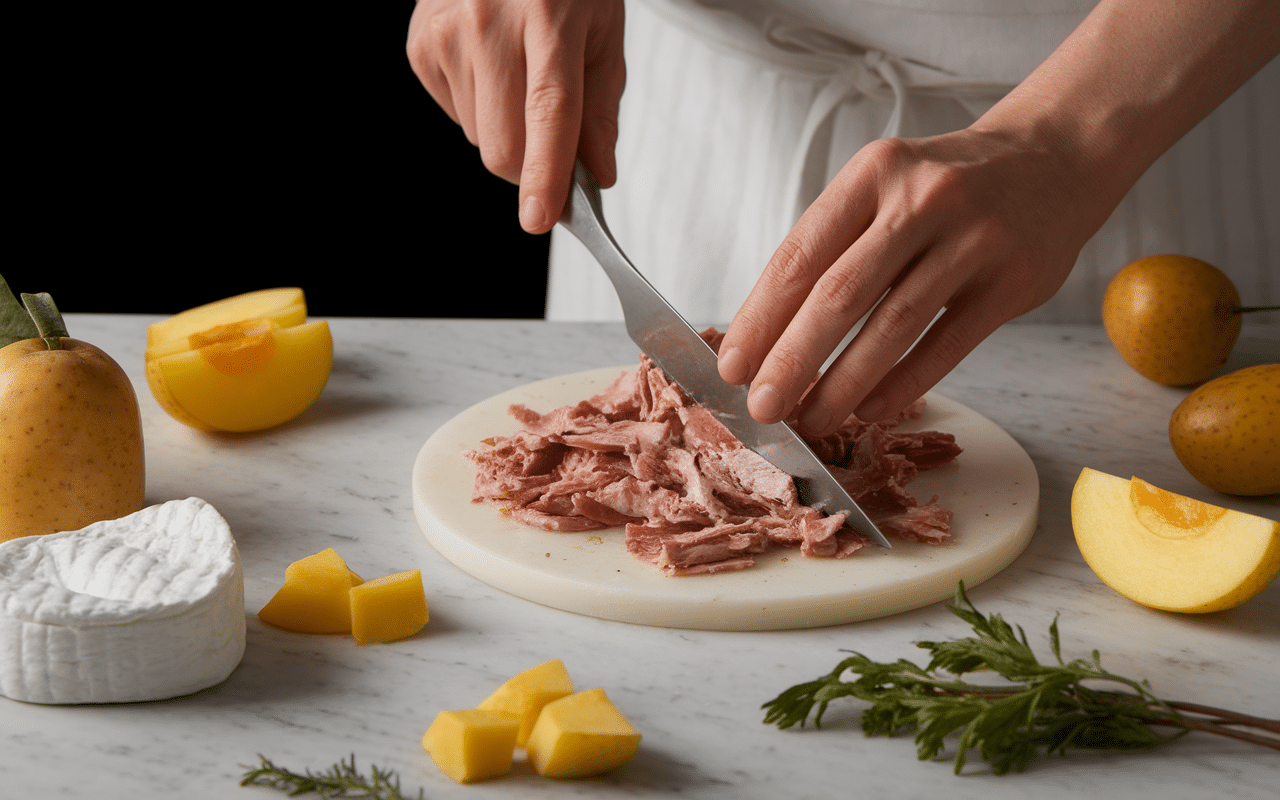 amuses bouches apéritif avec magret de canard séché et pomme en préparation