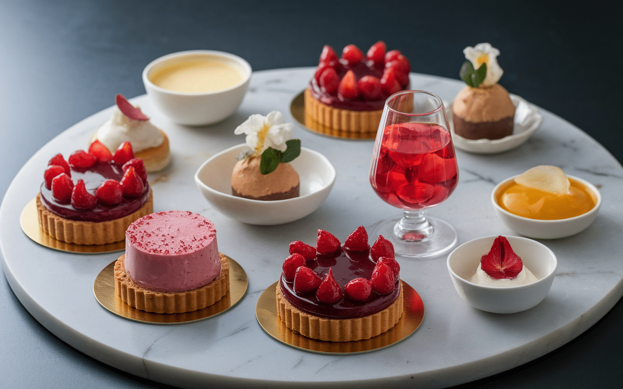 Desserts variés base croustillant chocolat blanc