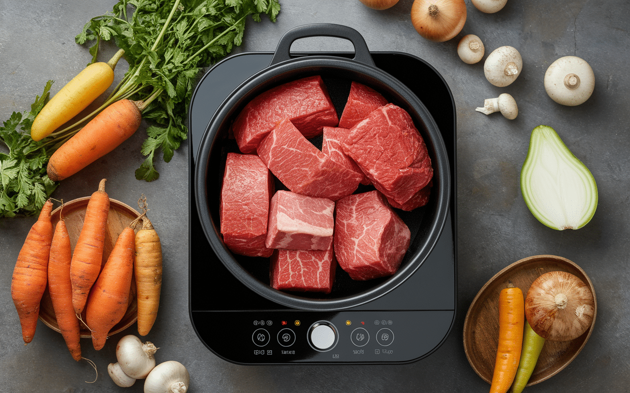 Morceaux viande boeuf bourguignon cookeo en préparation
