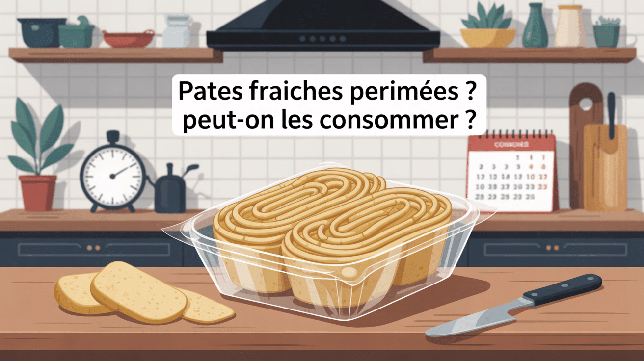 Pâtes fraîches après date dépassée sur comptoir, horloge et calendrier