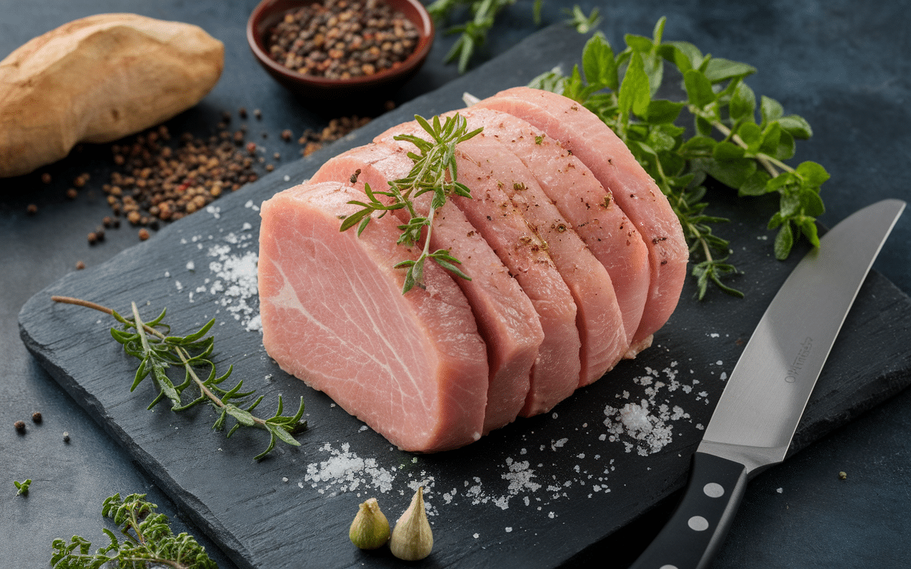poitrine de porc confite crue avec assaisonnement