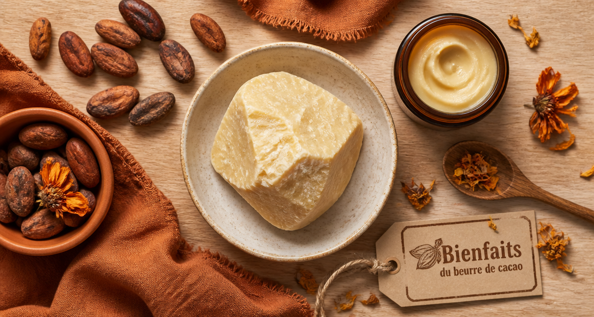 Bienfaits du beurre de cacao galet brut et baume sur table
