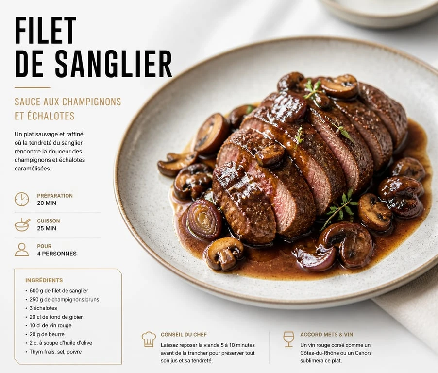 Recette filet de sanglier à la poêle dressé sur assiette