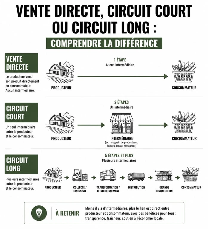 Schéma explicatif des circuits de distribution alimentaire : vente directe, circuit court et circuit long.