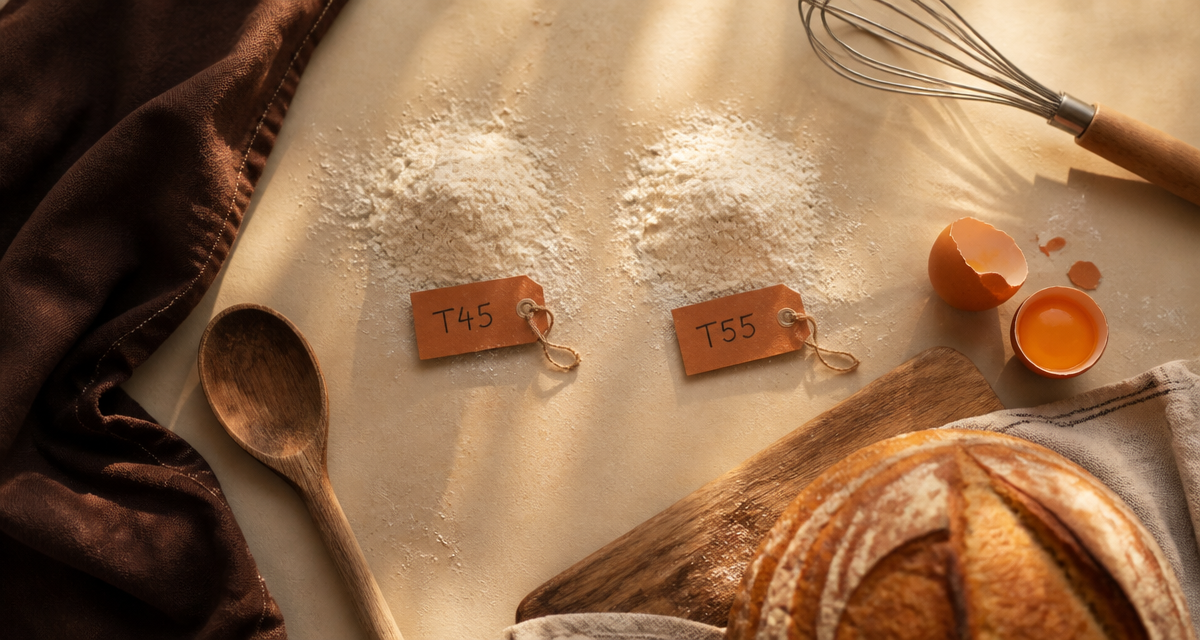 farine t45 ou t55 étiquetées sur une table