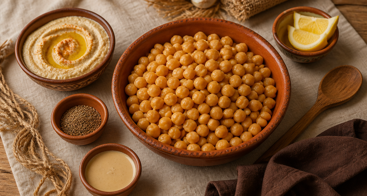 Les bienfaits des pois chiches, bol et ingrédients sur table