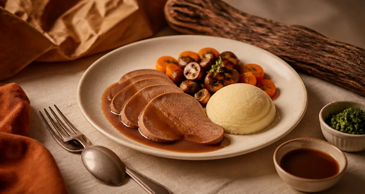Accompagnement pour langue de boeuf : tranches en sauce Madère et garniture