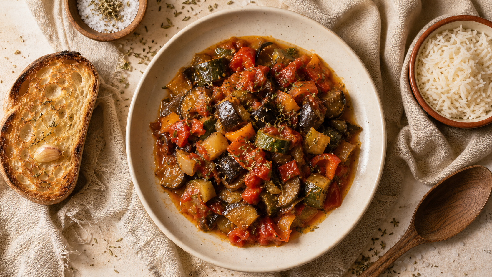 Accompagnement ratatouille : assiette de ratatouille et pain, repas complet