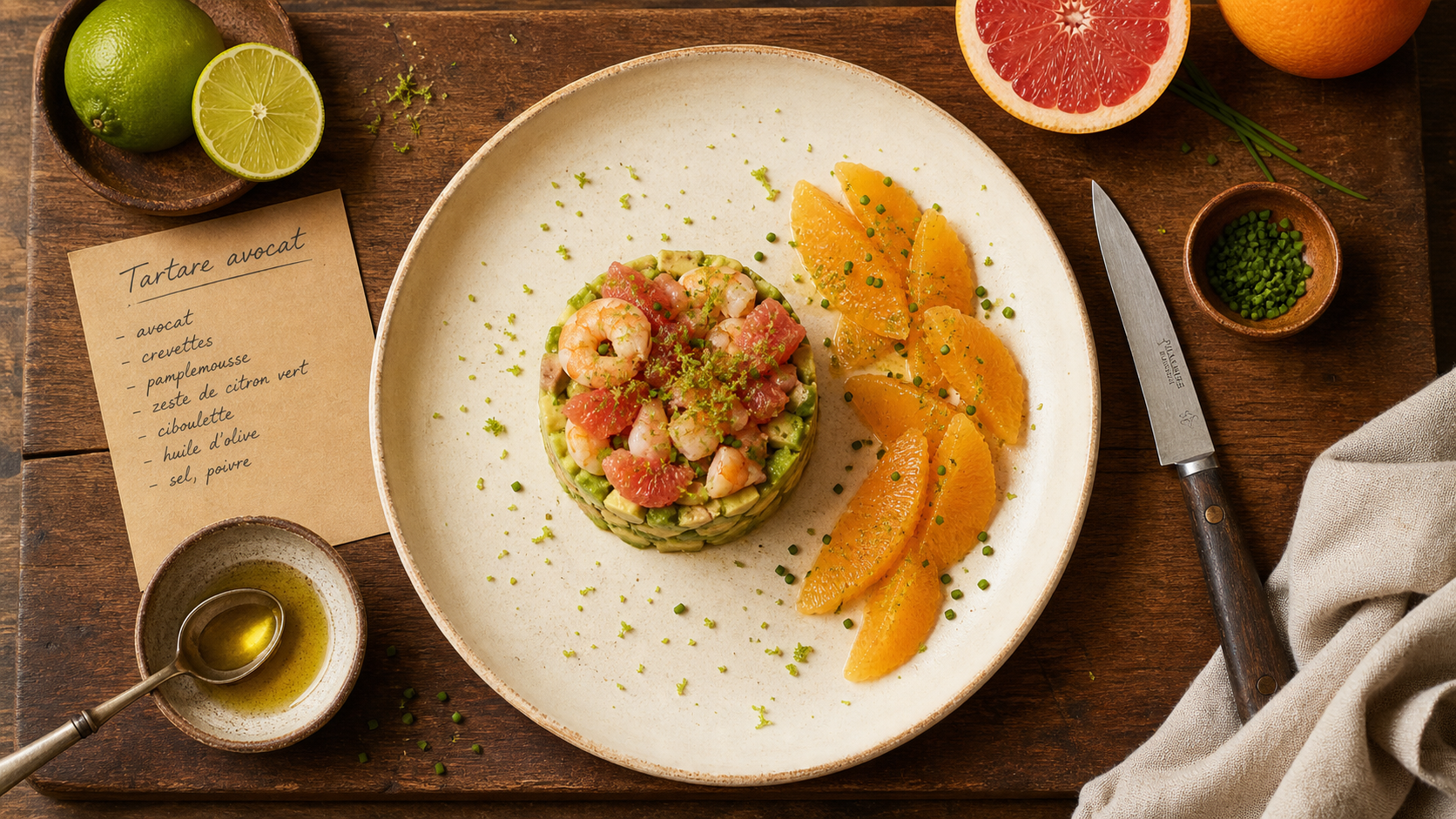 Avocat en entrée : tartare avocat aux crevettes et pamplemousse