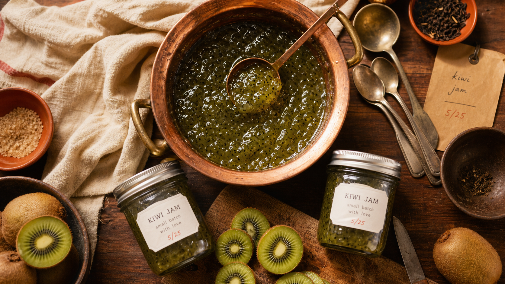 Confiture de kiwi de grand-mère maison en bassine cuivre, pots et kiwis