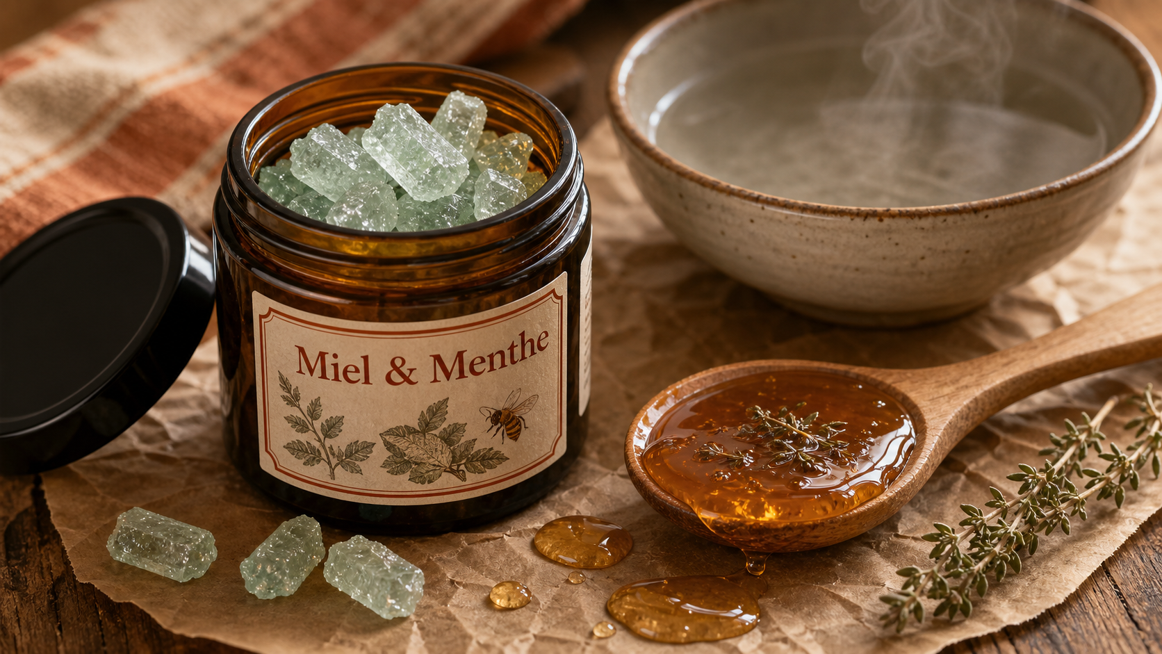 Cristaux de menthe et miel : pot de miel au thym et cristaux de menthe