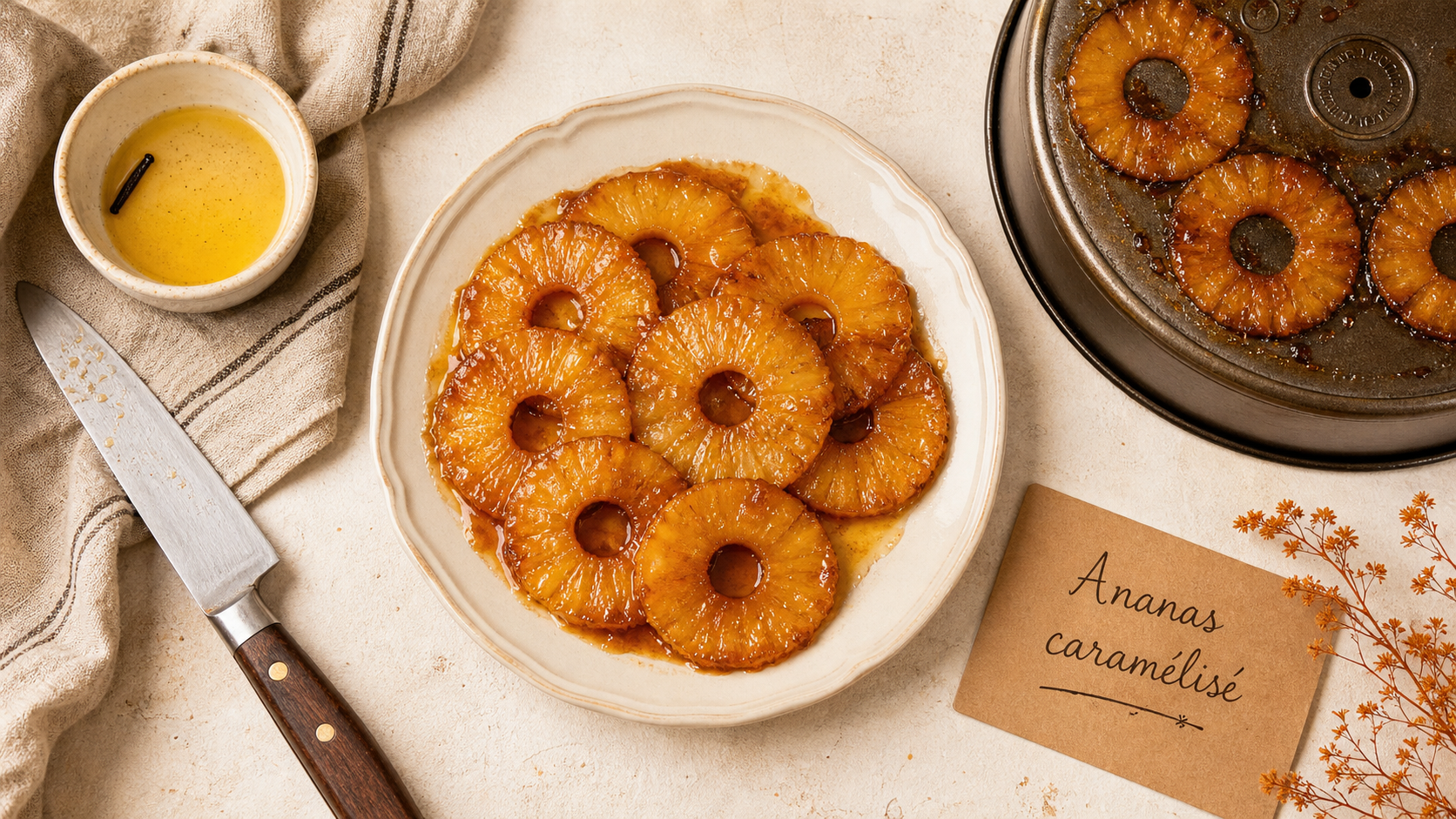 Dessert ananas : ananas caramélisé, sirop ambré, sans excès d’eau