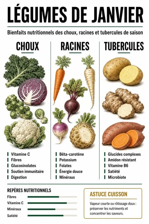 Infographie des bienfaits nutritionnels des légumes de saison en janvier