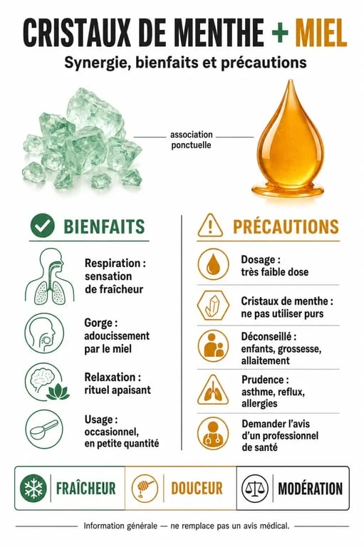 Infographie sur les bienfaits et précautions d'utilisation des cristaux de menthe et miel